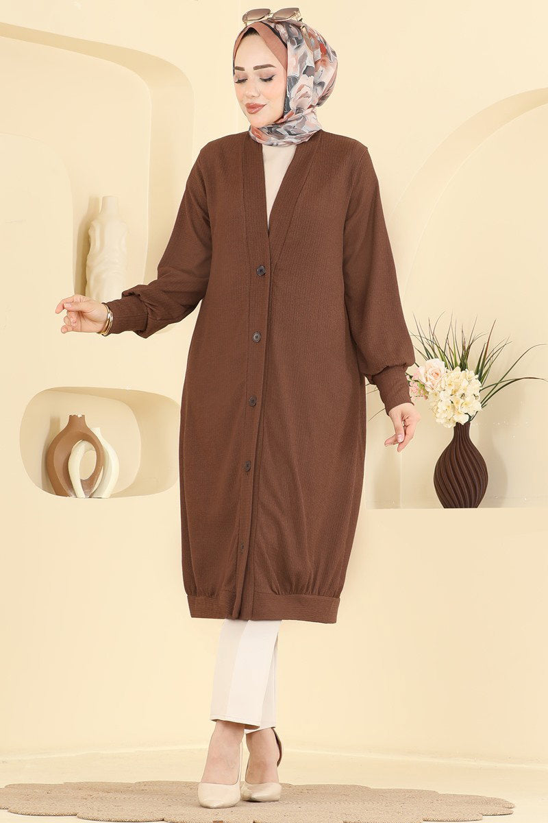Button-Front Crinkle Cardigan - Brown