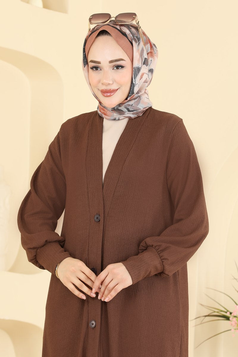 Button-Front Crinkle Cardigan - Brown