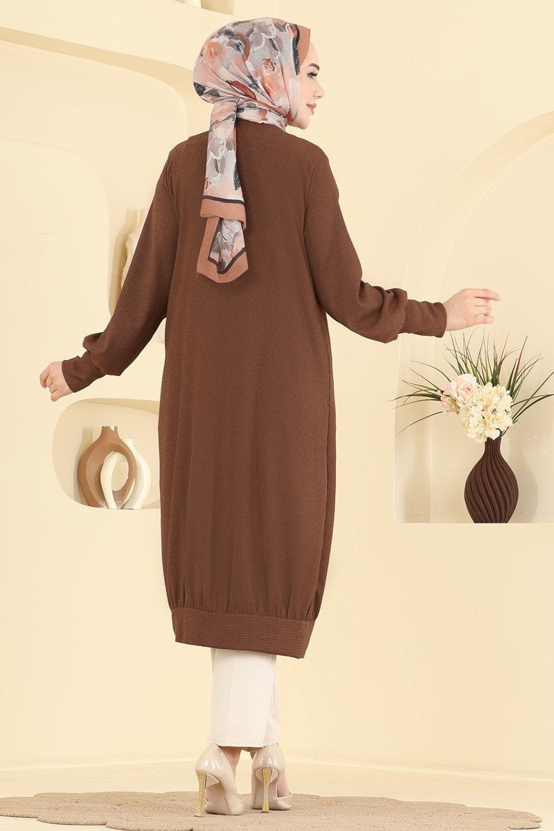 Button-Front Crinkle Cardigan - Brown