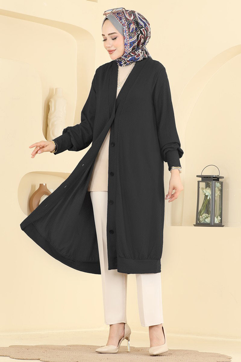 Button-Front Crinkle Cardigan - Black