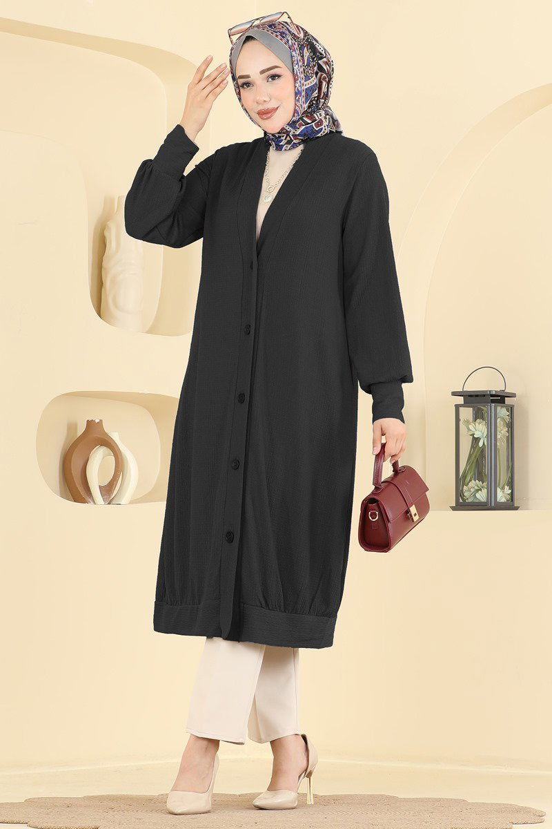 Button-Front Crinkle Cardigan - Black