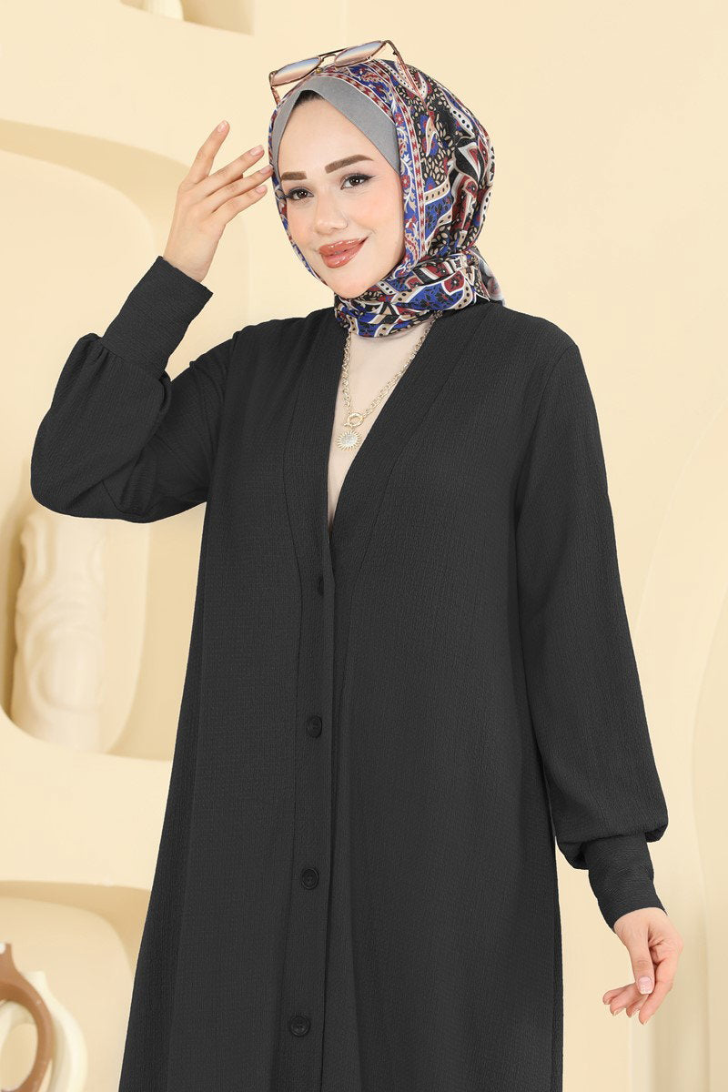 Button-Front Crinkle Cardigan - Black