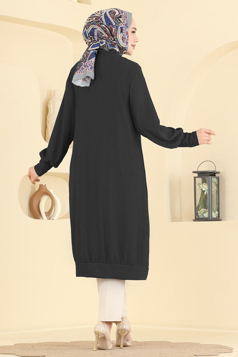 Button-Front Crinkle Cardigan - Black