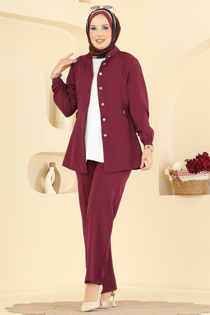 Button-Front Double Knit Two-Piece Set - Burgundy