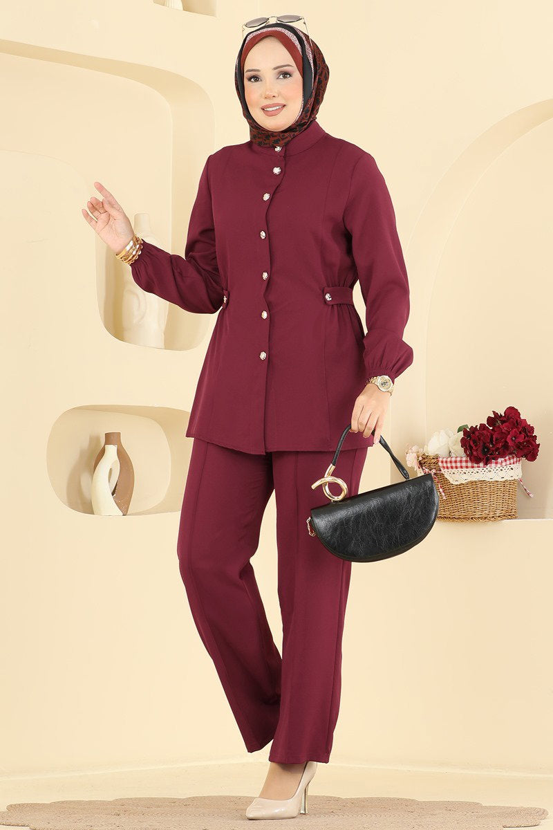 Button-Front Double Knit Two-Piece Set - Burgundy