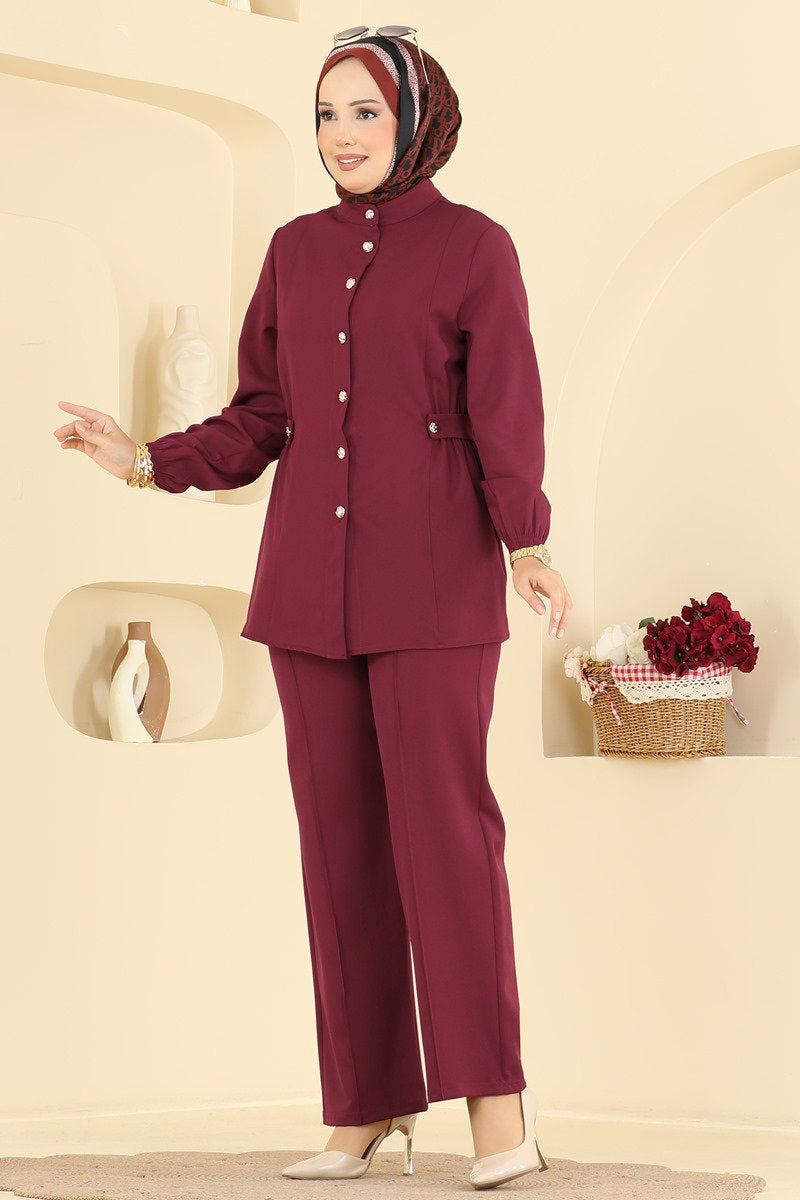 Button-Front Double Knit Two-Piece Set - Burgundy