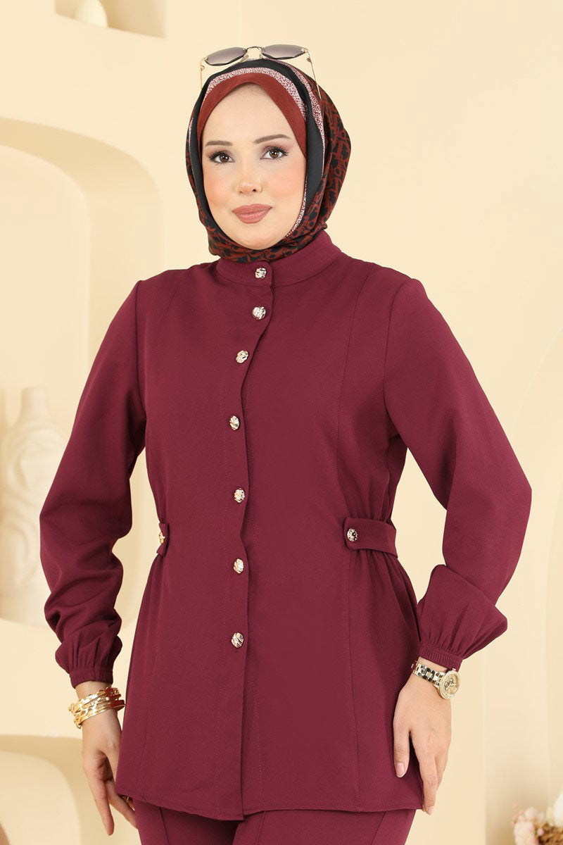 Button-Front Double Knit Two-Piece Set - Burgundy
