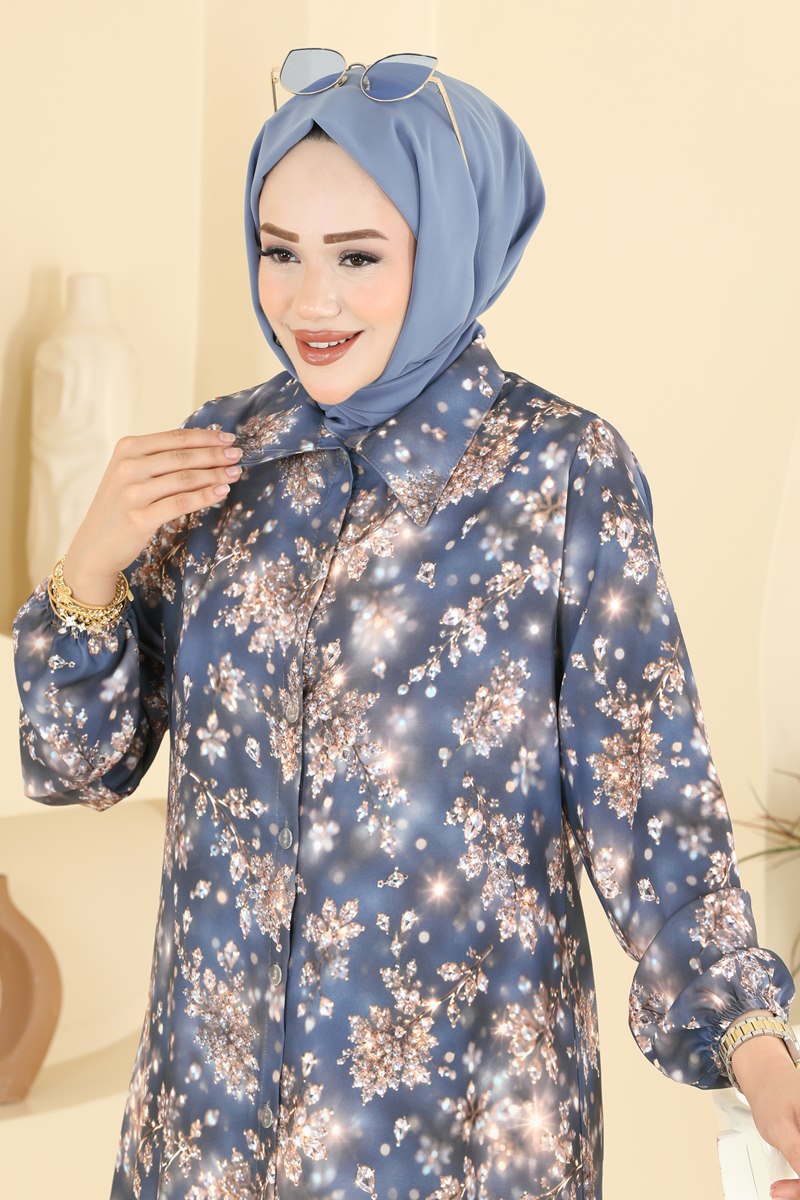 Button-Front Printed Tunic - Grey
