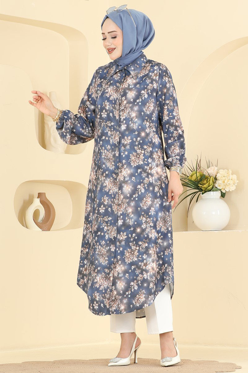 Button-Front Printed Tunic - Grey