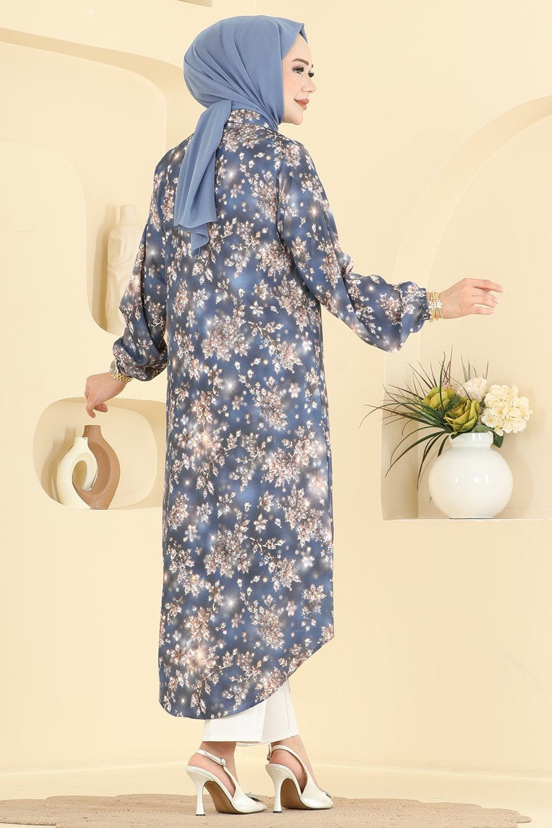 Button-Front Printed Tunic - Grey