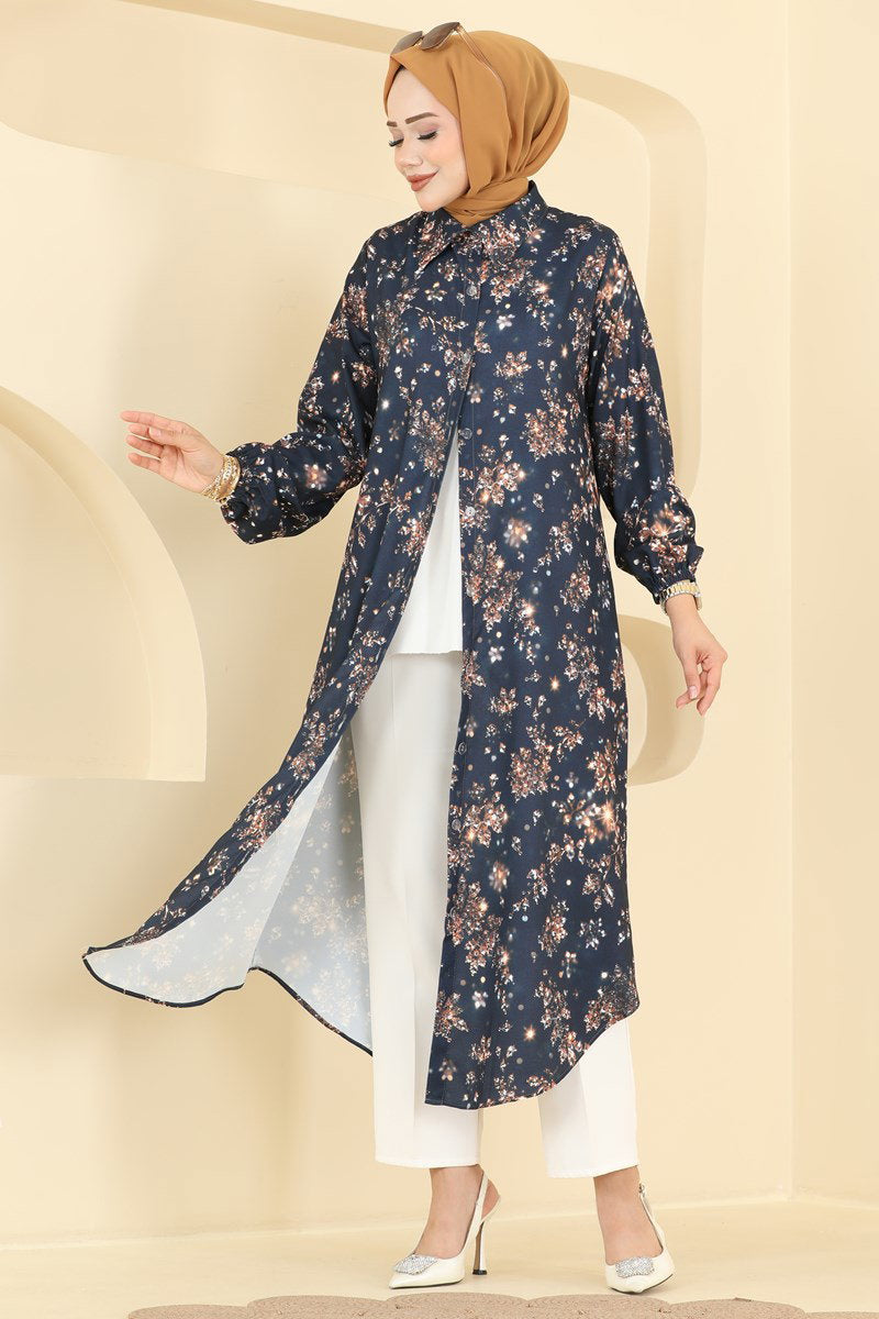 Button-Front Printed Tunic - Navy