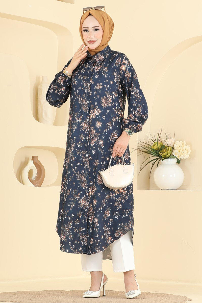 Button-Front Printed Tunic - Navy