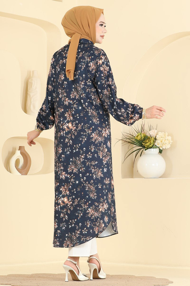 Button-Front Printed Tunic - Navy