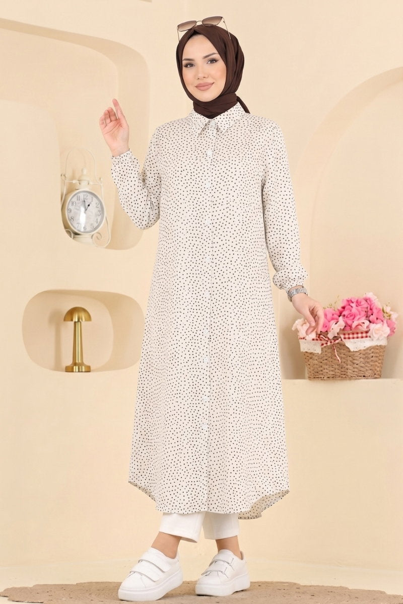 Button-Front Woven Tunic with Pockets - Ecru-Black