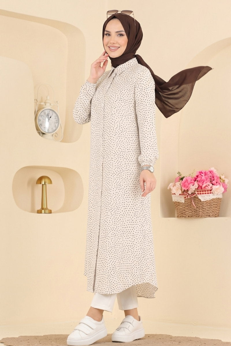 Button-Front Woven Tunic with Pockets - Ecru-Black