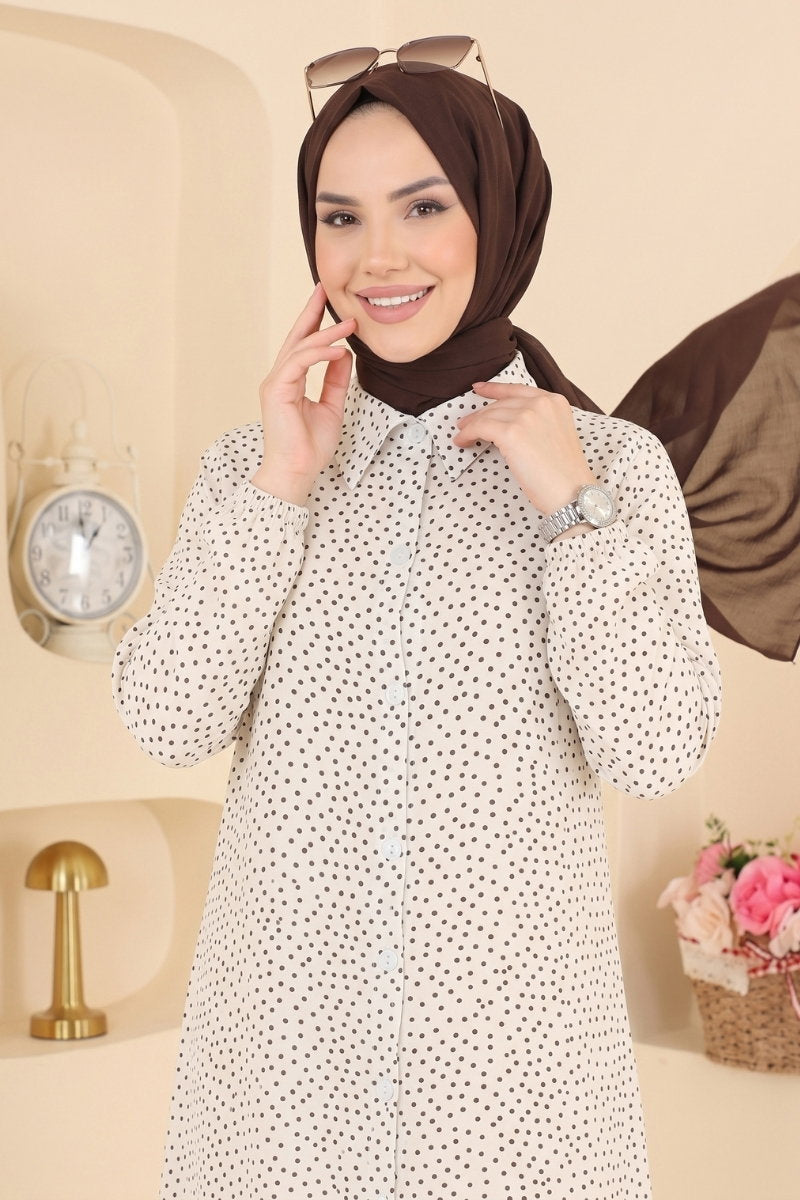 Button-Front Woven Tunic with Pockets - Ecru-Black