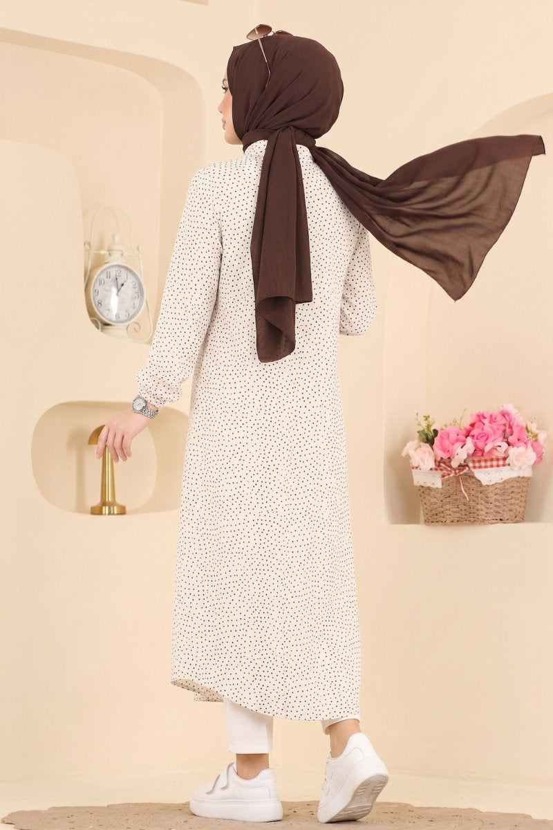 Button-Front Woven Tunic with Pockets - Ecru-Black