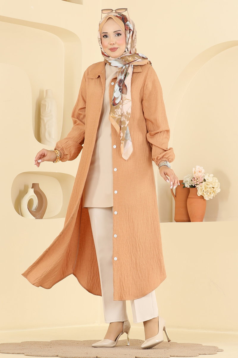 Button-Front Woven Tunic - Light Latte