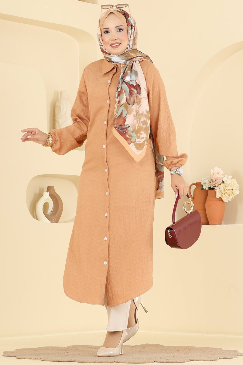 Button-Front Woven Tunic - Light Latte