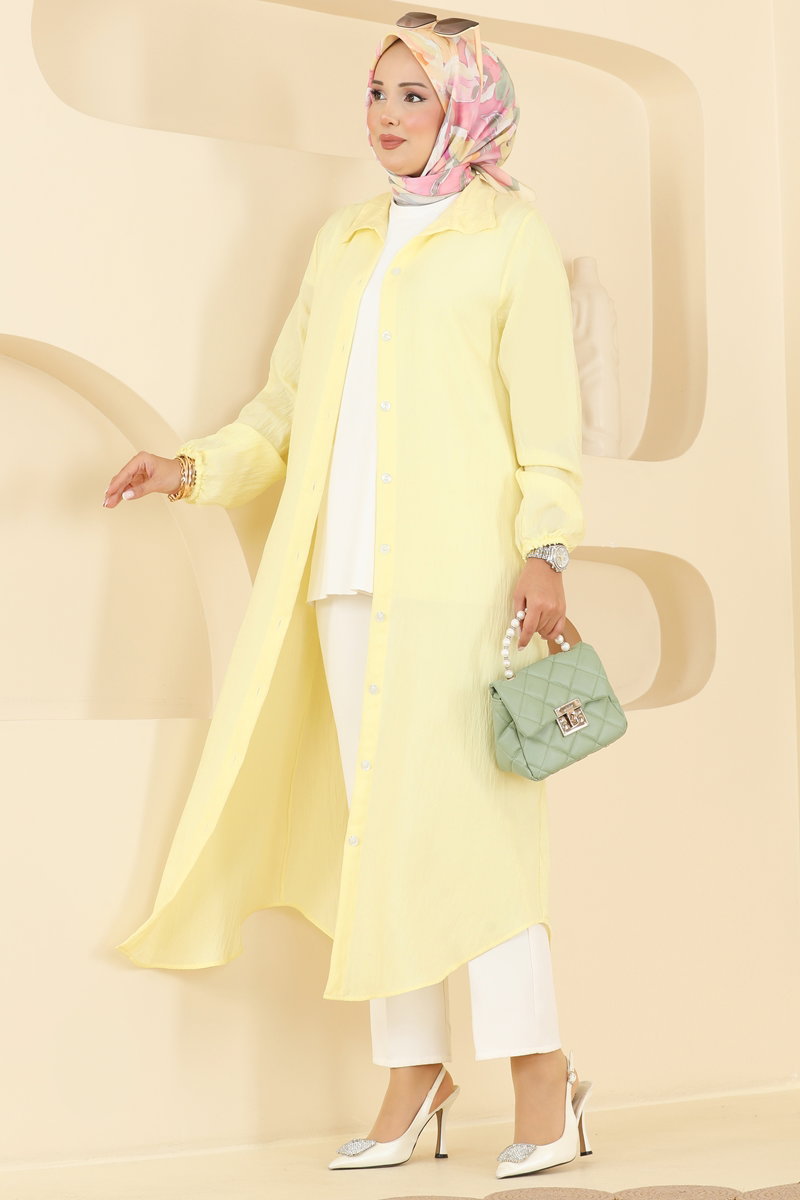 Button-Front Woven Tunic - Light Yellow