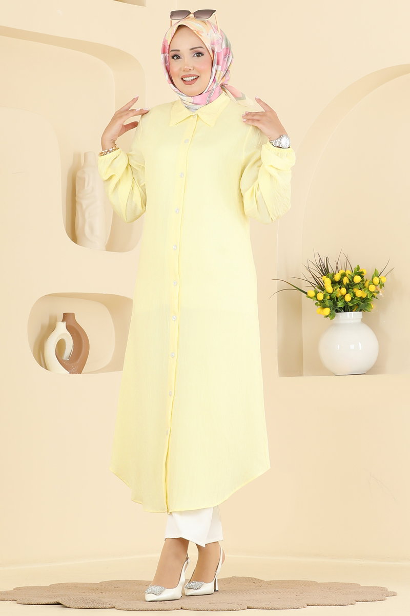 Button-Front Woven Tunic - Light Yellow