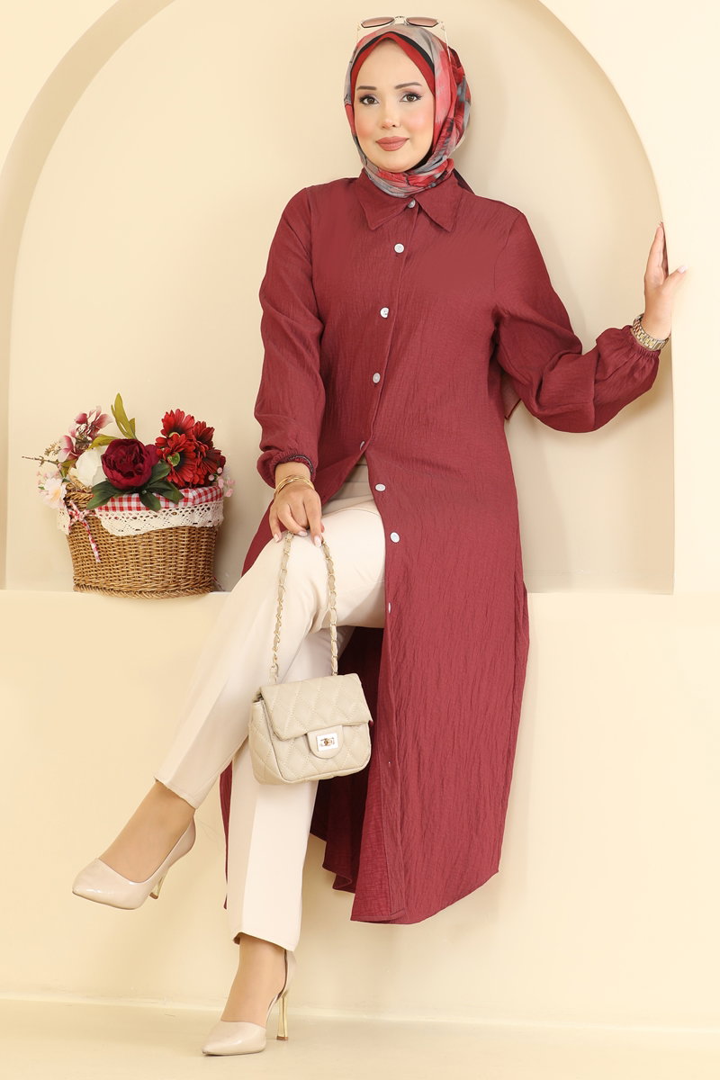Button-Front Woven Tunic - Burgundy