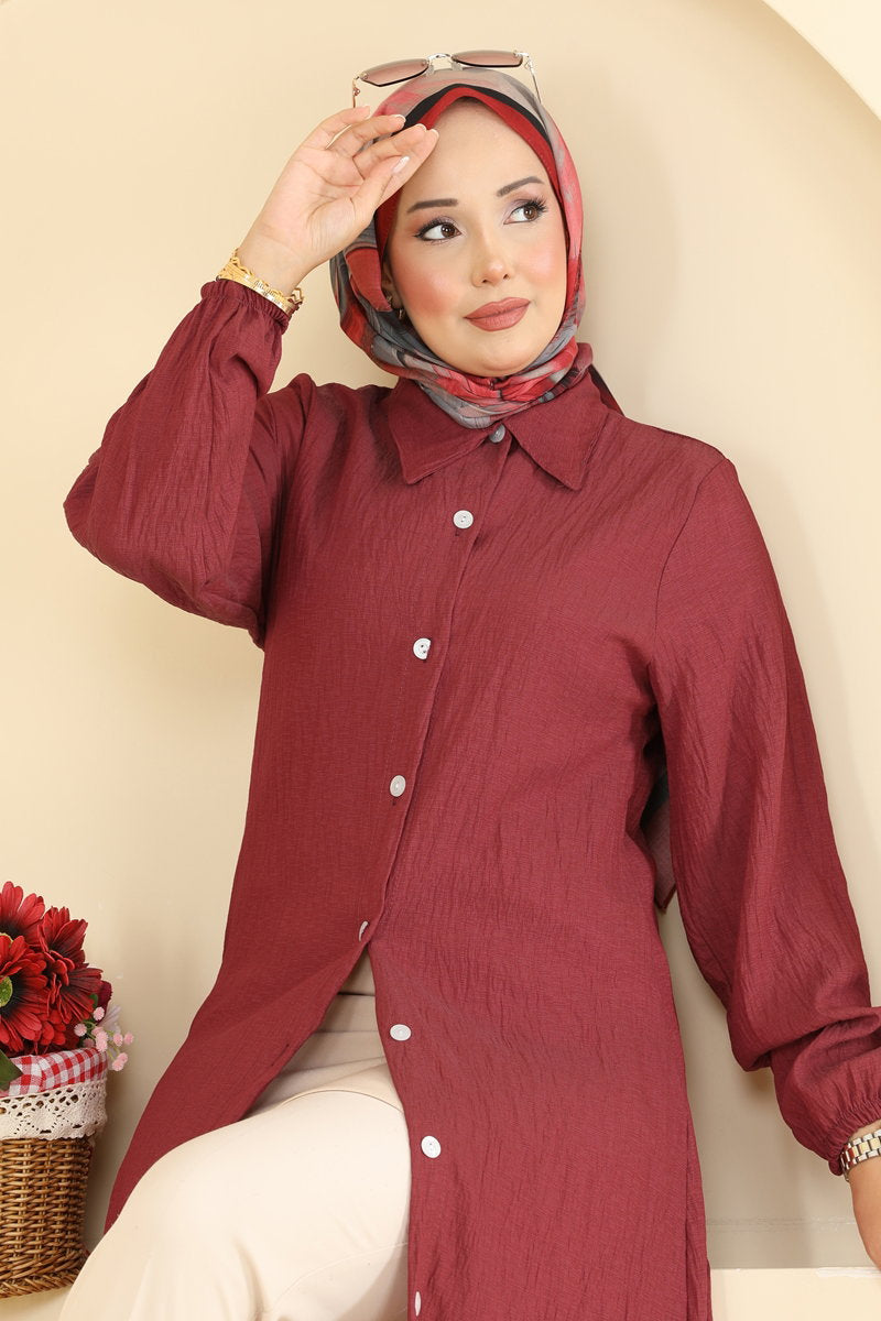 Button-Front Woven Tunic - Burgundy