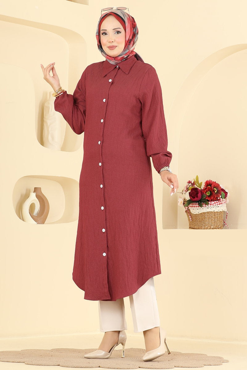 Button-Front Woven Tunic - Burgundy