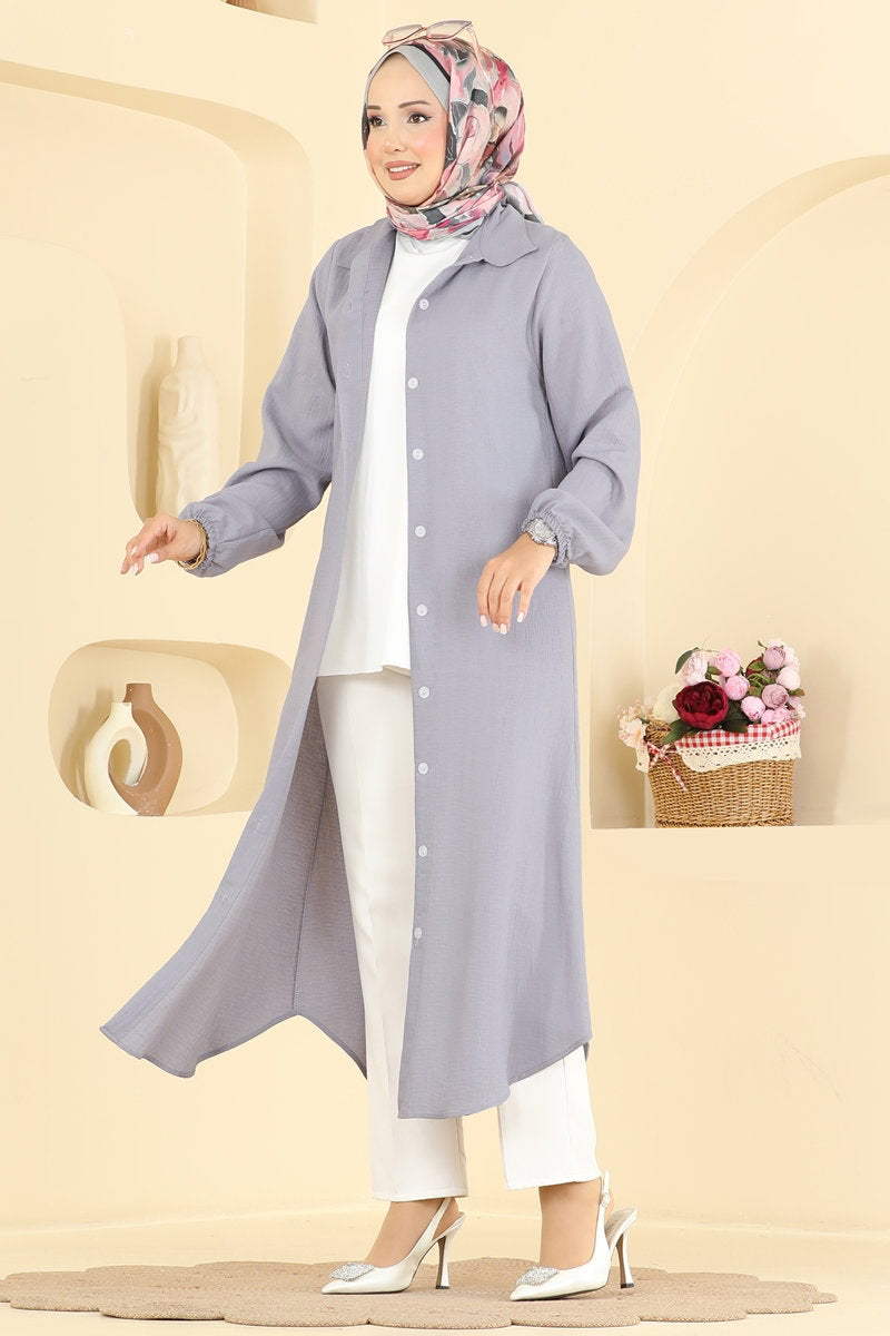 Button-Front Woven Tunic - Grey