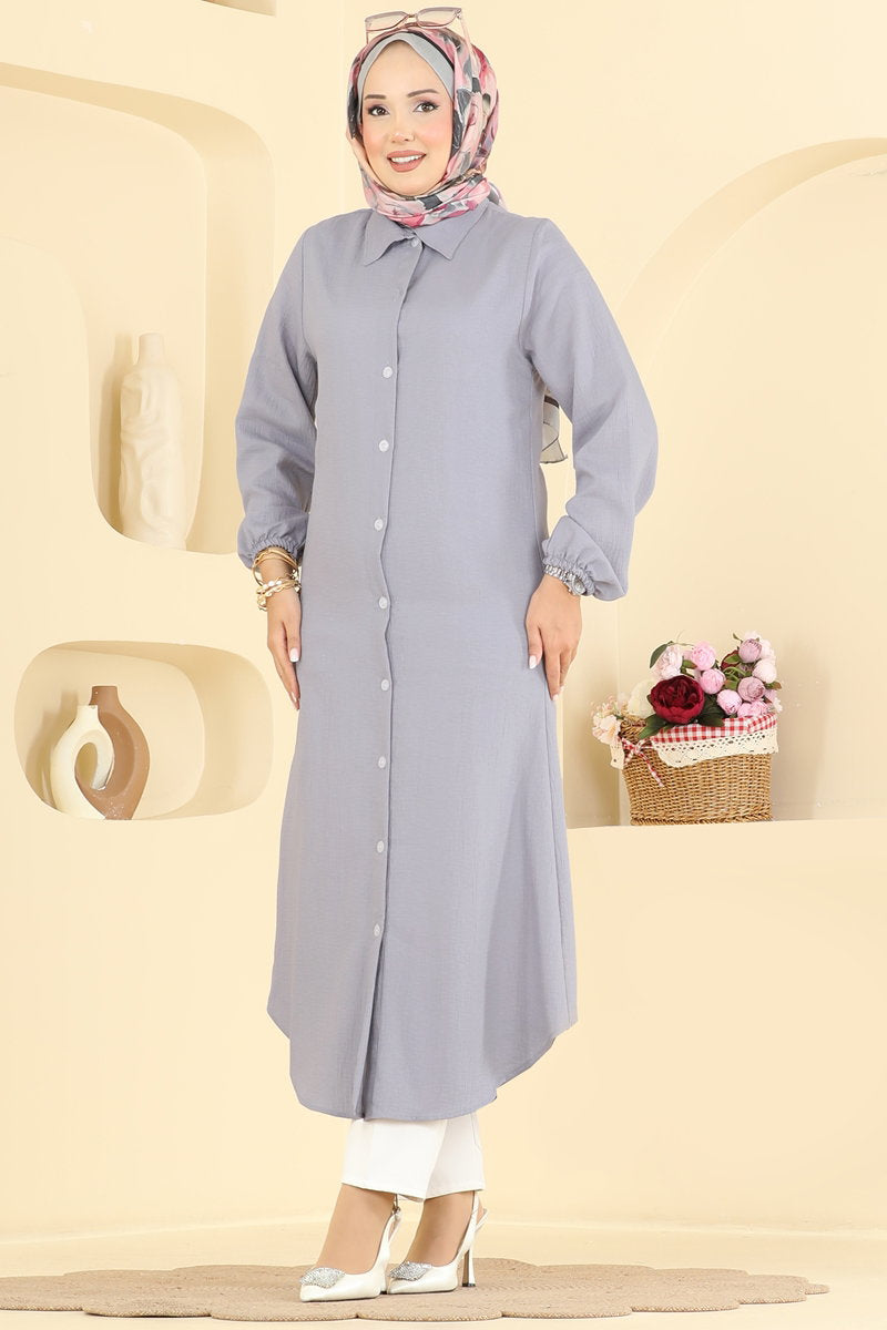 Button-Front Woven Tunic - Grey