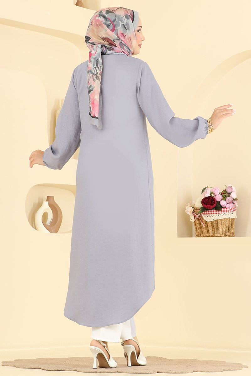 Button-Front Woven Tunic - Grey