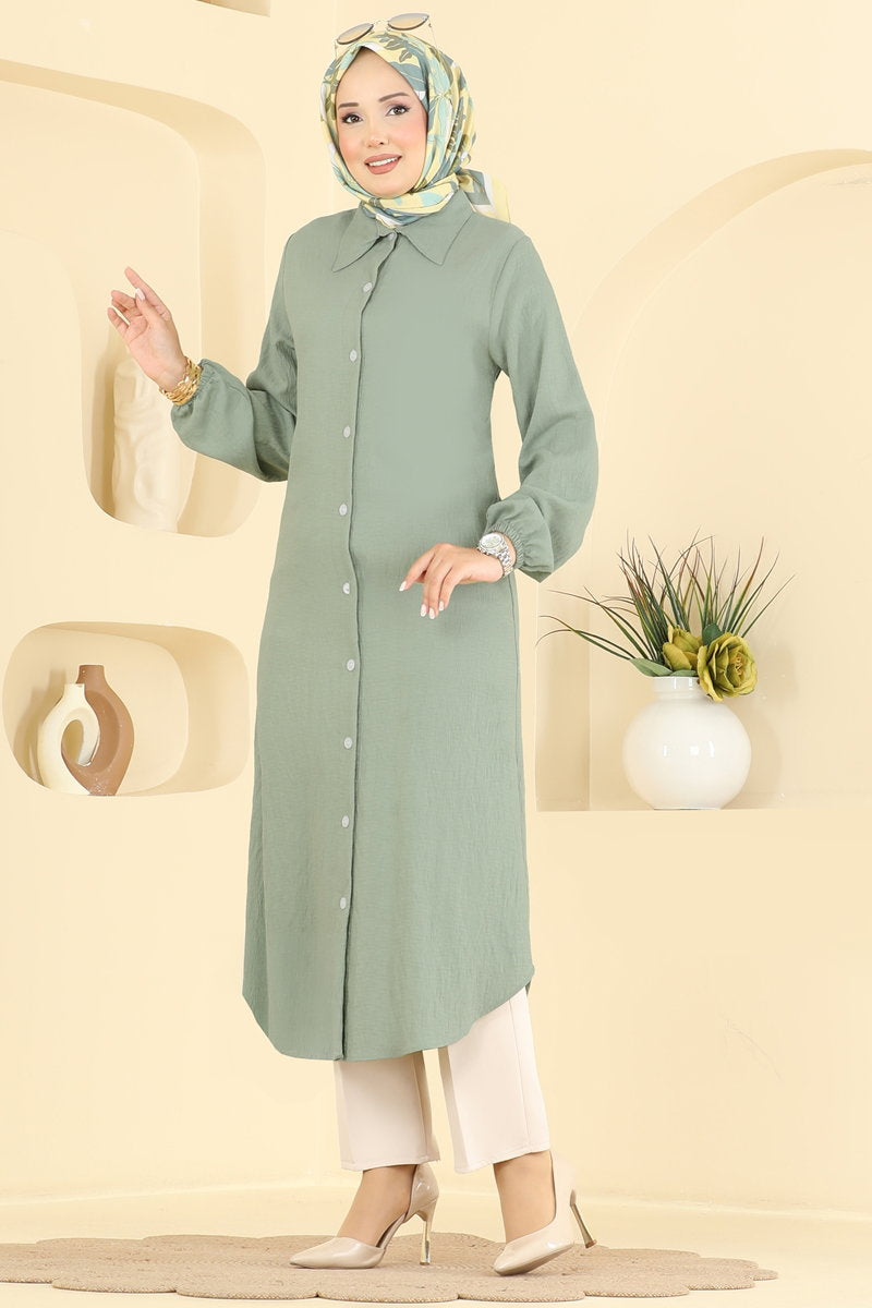 Button-Front Woven Tunic - Mint