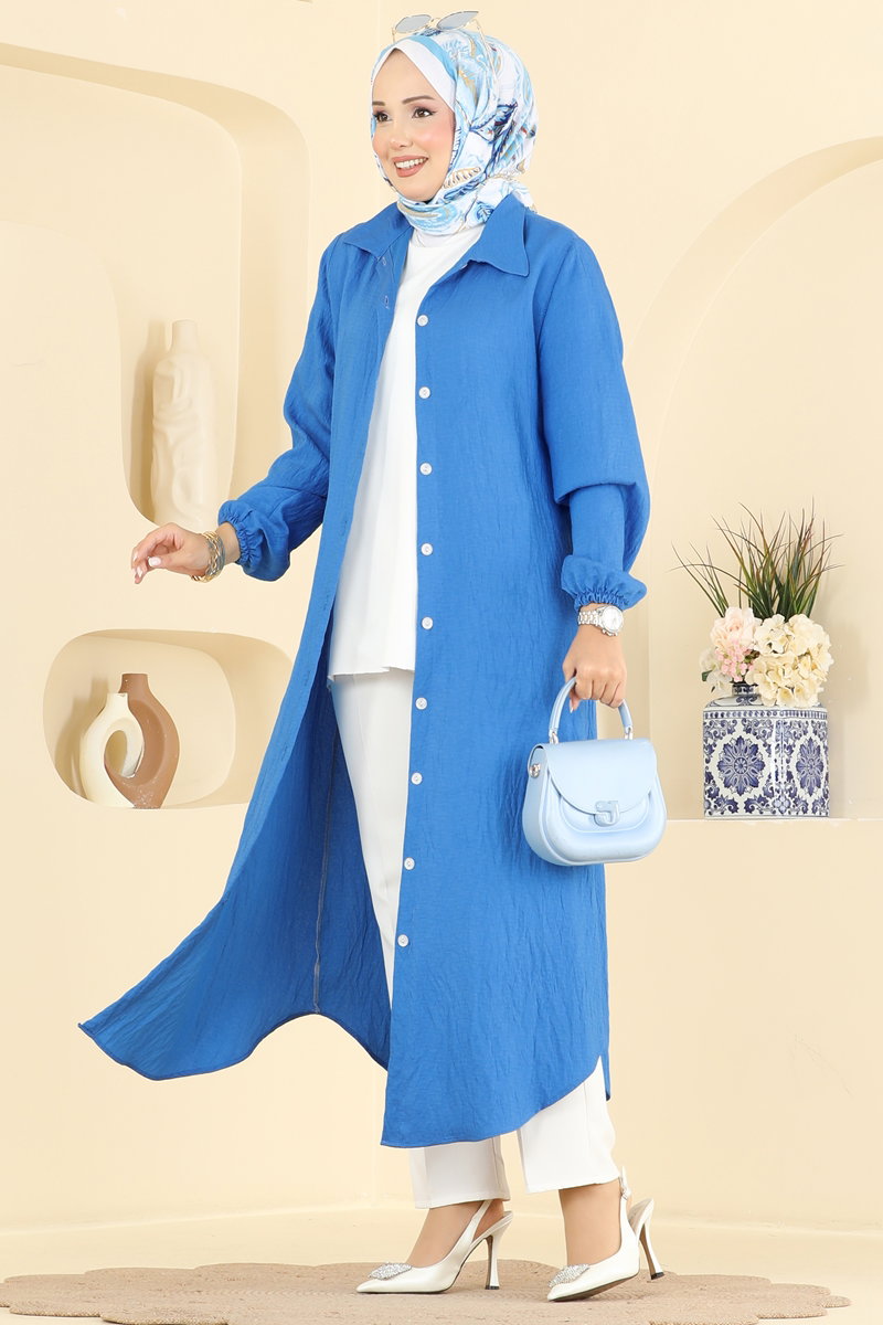 Button-Front Woven Tunic - Saxe Blue