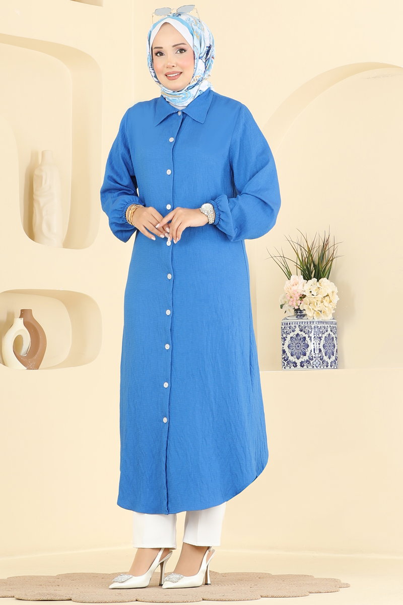 Button-Front Woven Tunic - Saxe Blue