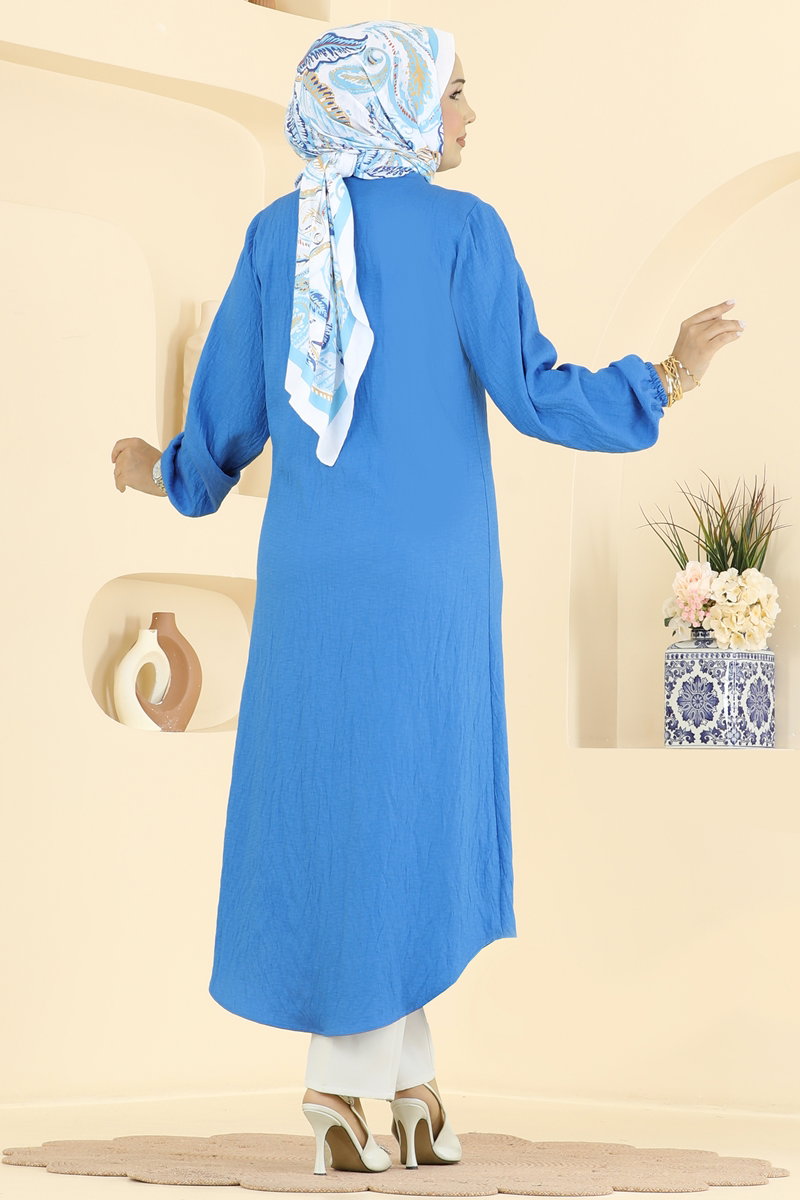 Button-Front Woven Tunic - Saxe Blue