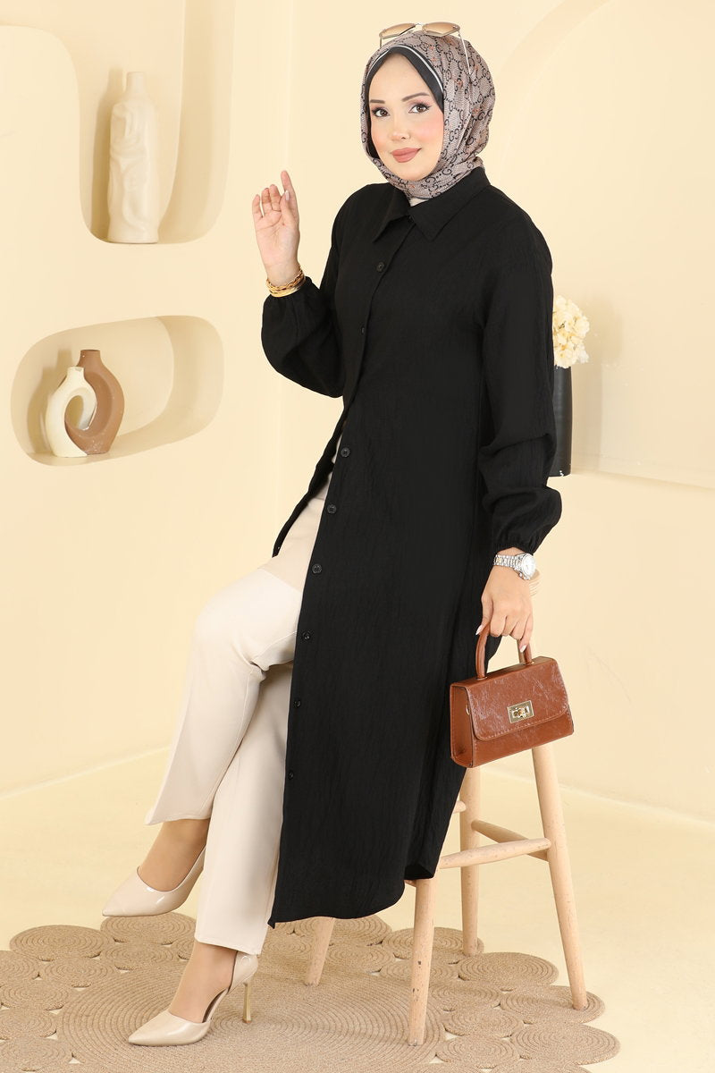 Button-Front Woven Tunic - Black