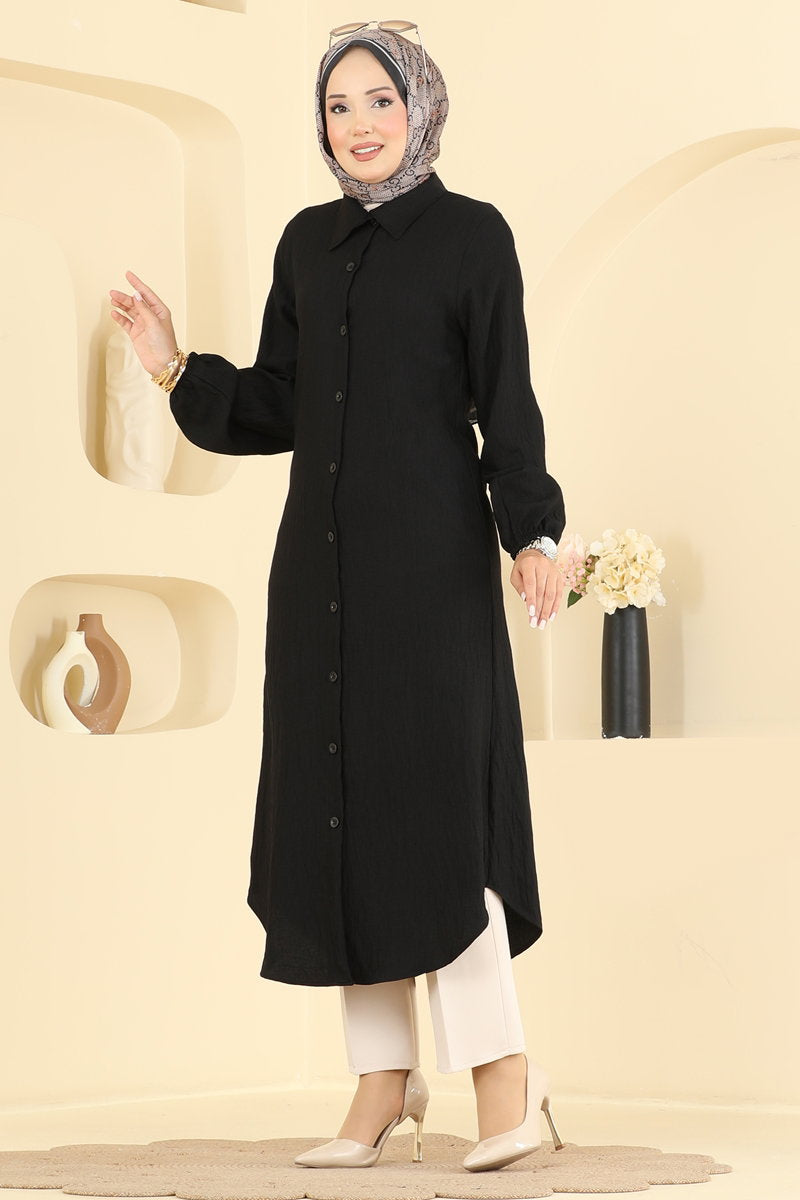 Button-Front Woven Tunic - Black
