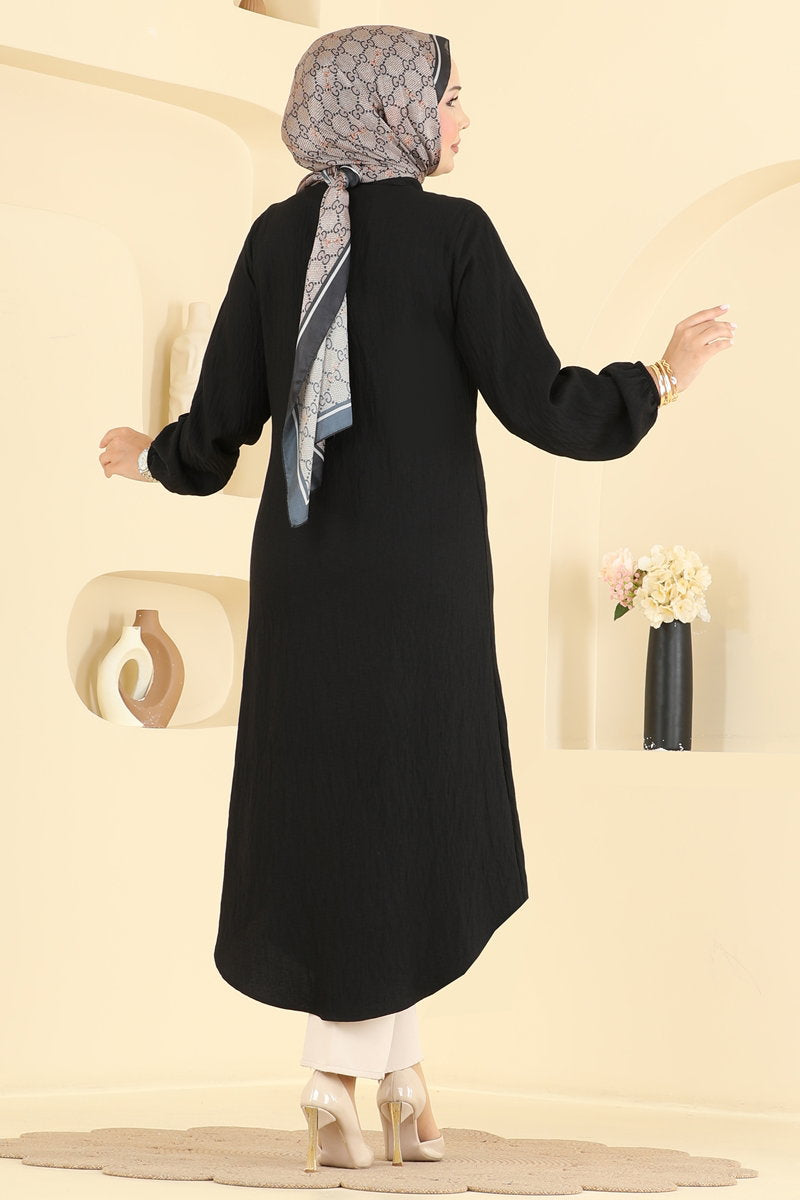 Button-Front Woven Tunic - Black