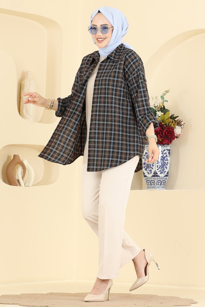 Button-Front Plaid Shirt - Brown