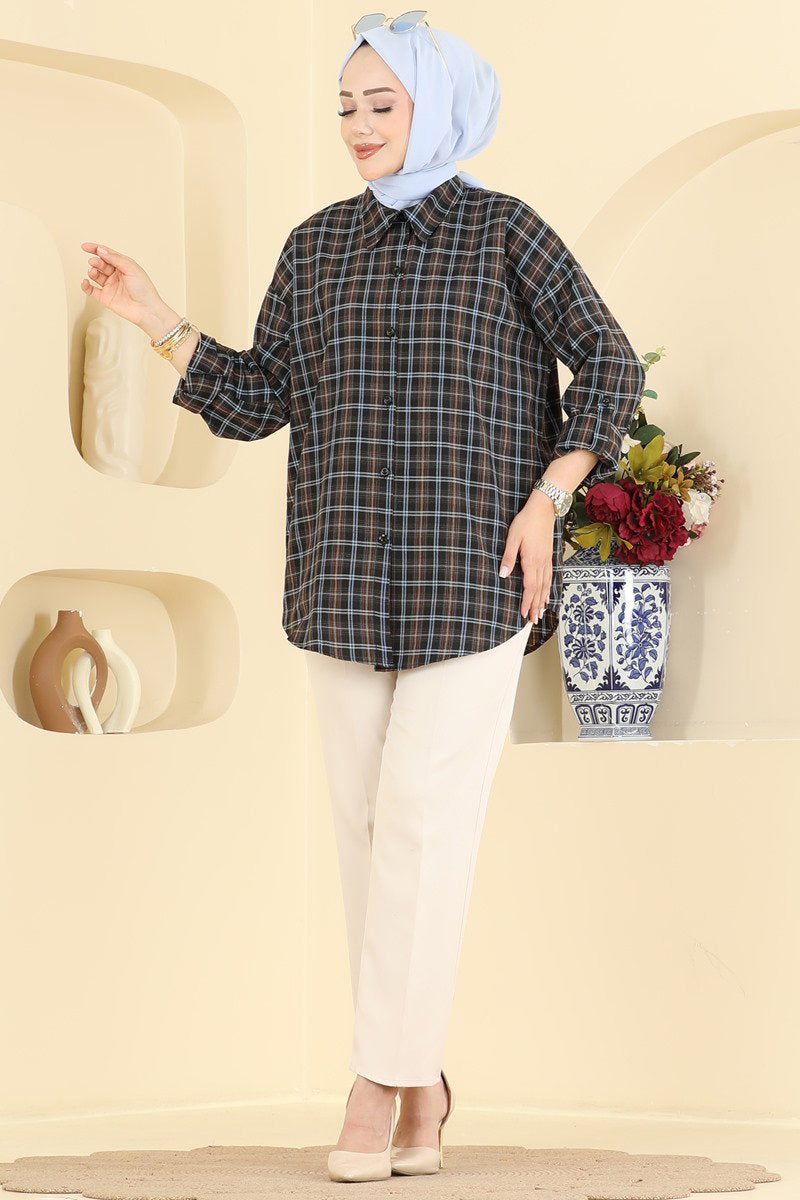 Button-Front Plaid Shirt - Brown
