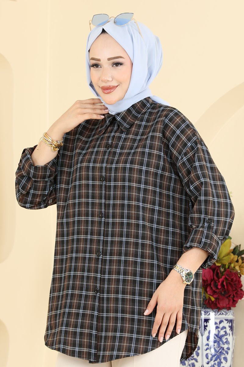 Button-Front Plaid Shirt - Brown