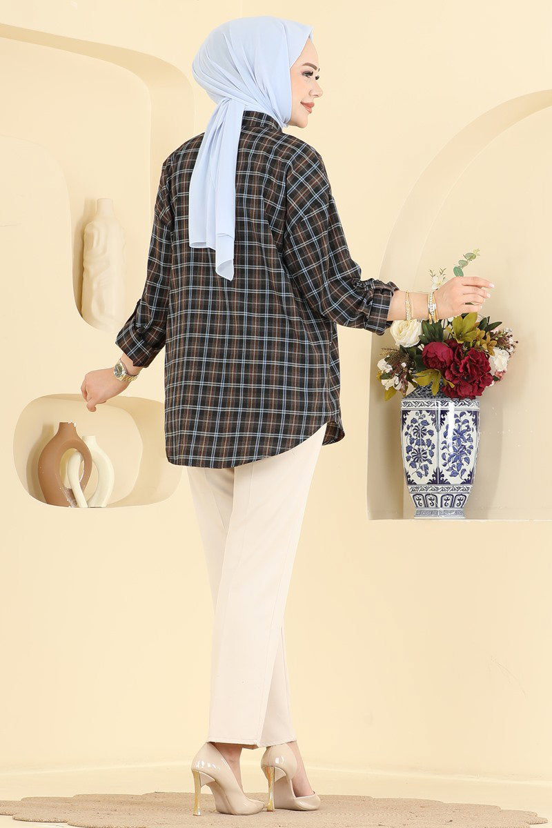 Button-Front Plaid Shirt - Brown