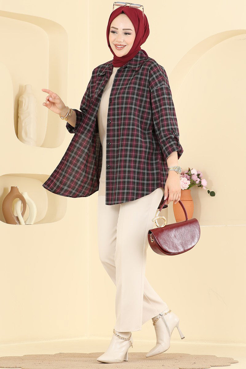 Button-Front Plaid Shirt - Red