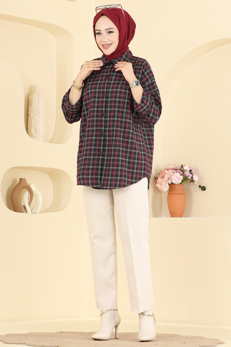 Button-Front Plaid Shirt - Red