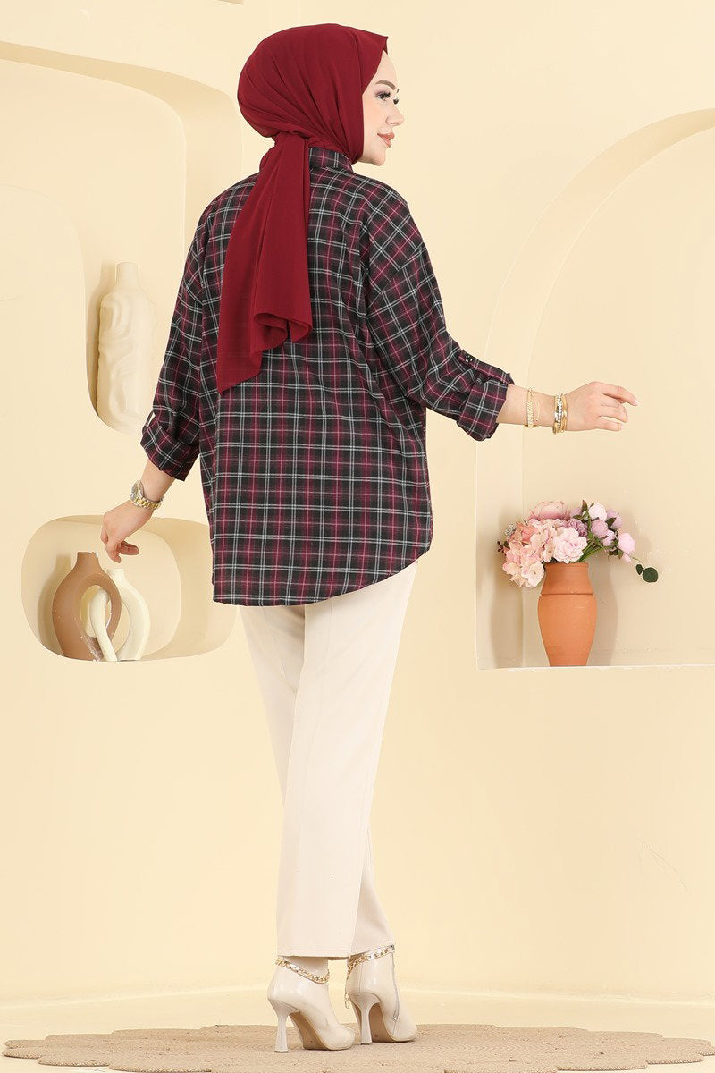 Button-Front Plaid Shirt - Red