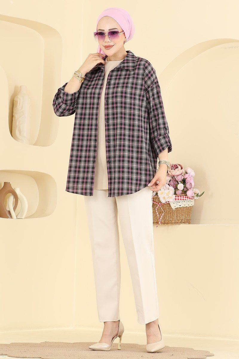 Button-Front Plaid Shirt - Pink
