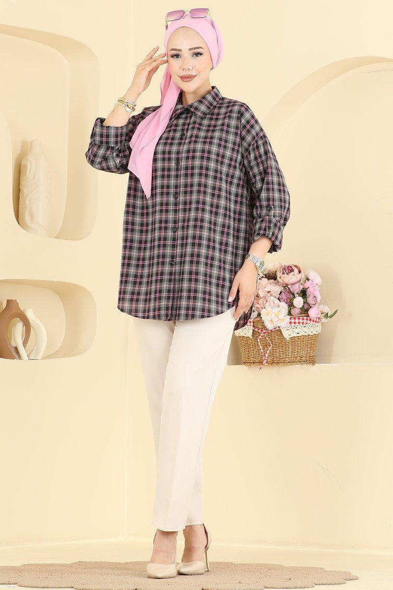 Button-Front Plaid Shirt - Pink