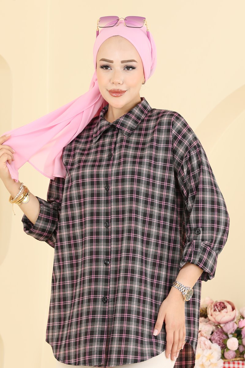 Button-Front Plaid Shirt - Pink
