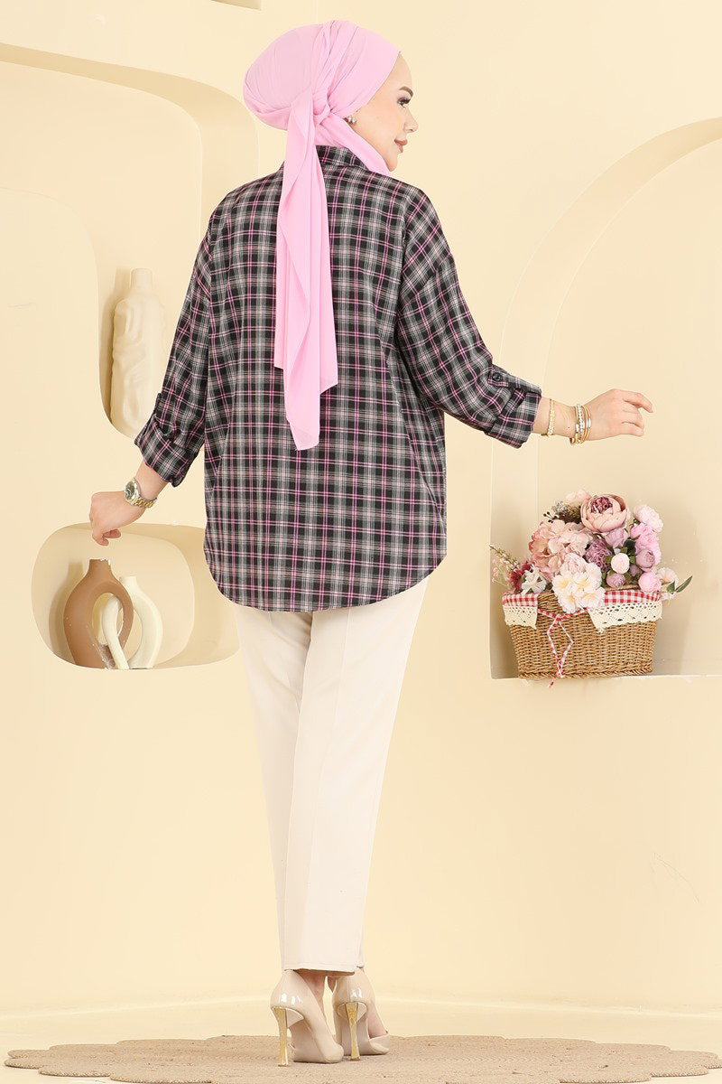 Button-Front Plaid Shirt - Pink