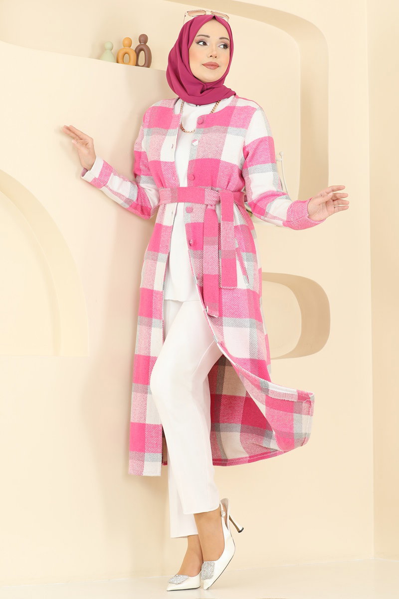 Button-Front Plaid Cape Coat - Fuchsia